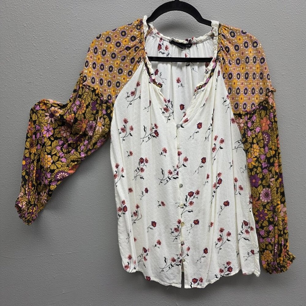Jane + Delancey Shirt Womens Medium Ivory Floral Button Front Boho Long Sleeve